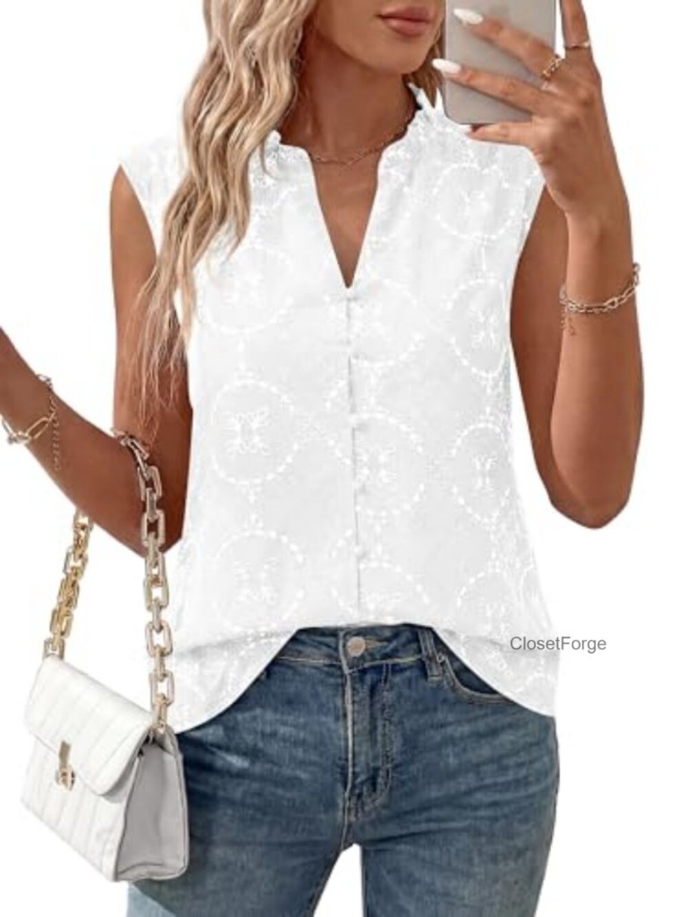 Boho Sleeveless Button Down Top Women Eyelet Embroidery Cotton Blouse Summer
